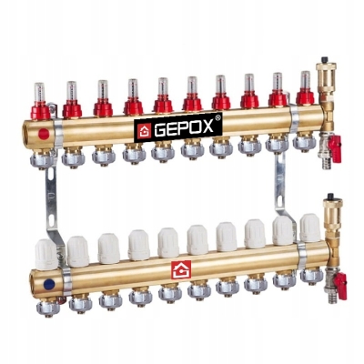 Rozdzielacz do podłogówki 10 obwodów GEPOX mosieżny do ogrzewania podłogowego